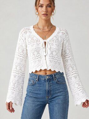 Moon & Madison Size Medium White Crochet Crop Sweater Tie Front